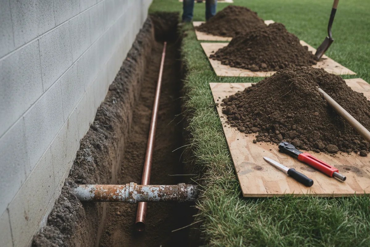 Excavated water line trench during Water Softener Installation in Rensselaerville
